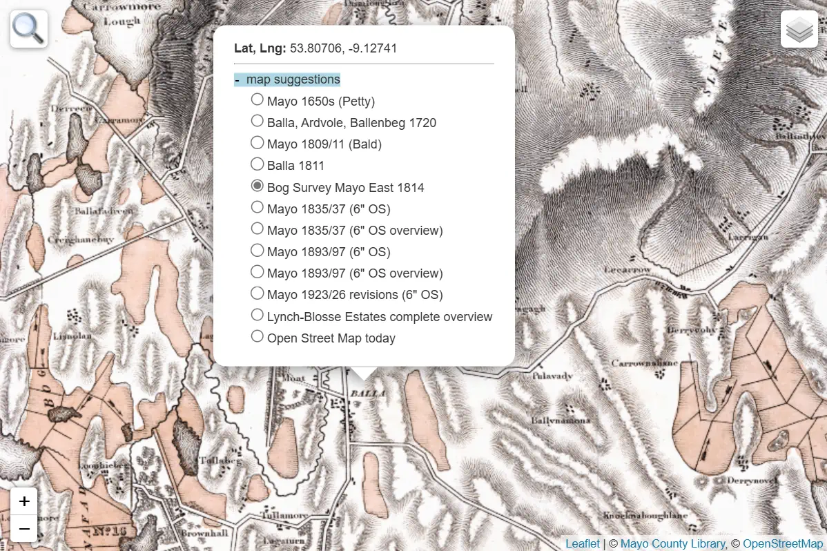 map system screenshot of a Bog Survey map from the Mayo County Library website, showing the result a right-click/long-tap map search