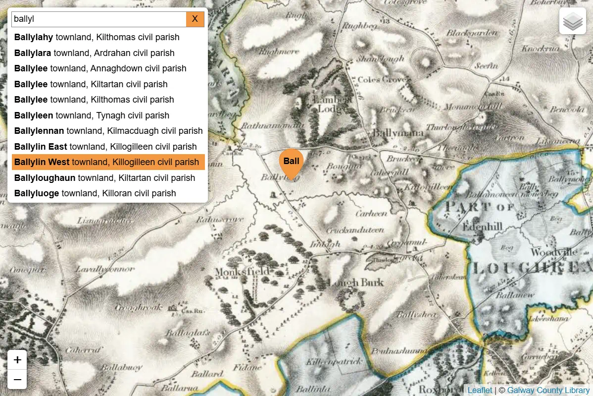 map system screenshot of Larkin's map from the Galway County Library website, with the location search dialog open and an orange search result marker
