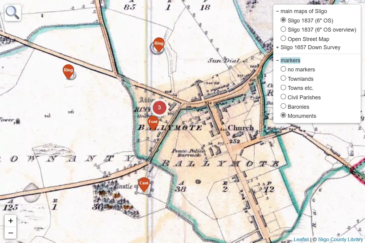 map system screenshot of 1837 OS Six-Inch map from Sligo County Library's website, with monument markers